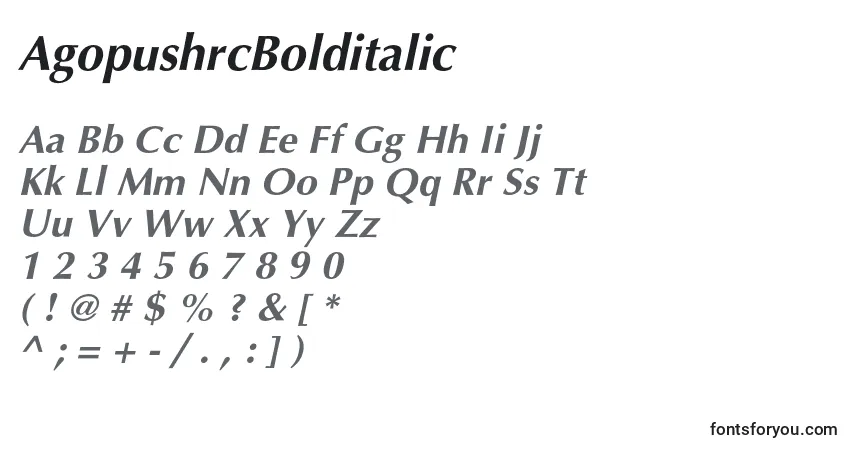 Schriftart AgopushrcBolditalic – Alphabet, Zahlen, spezielle Symbole