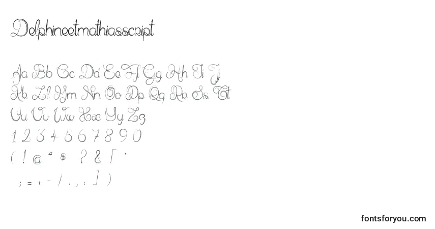 Czcionka Delphineetmathiasscript – alfabet, cyfry, specjalne znaki