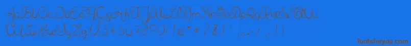 フォントDelphineetmathiasscript – 茶色の文字が青い背景にあります。