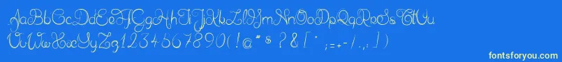 フォントDelphineetmathiasscript – 黄色の文字、青い背景