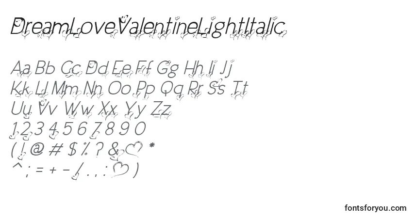 Schriftart DreamLoveValentineLightItalic – Alphabet, Zahlen, spezielle Symbole