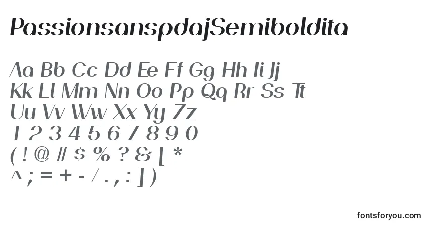 A fonte PassionsanspdajSemiboldita – alfabeto, números, caracteres especiais