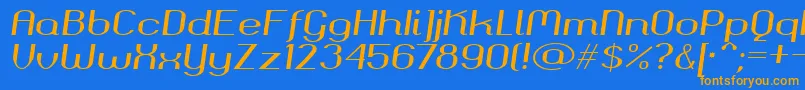 フォントOkolaksbolditalic – オレンジ色の文字が青い背景にあります。