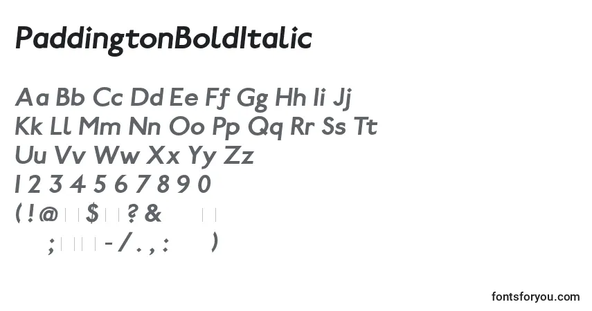 Schriftart PaddingtonBoldItalic – Alphabet, Zahlen, spezielle Symbole
