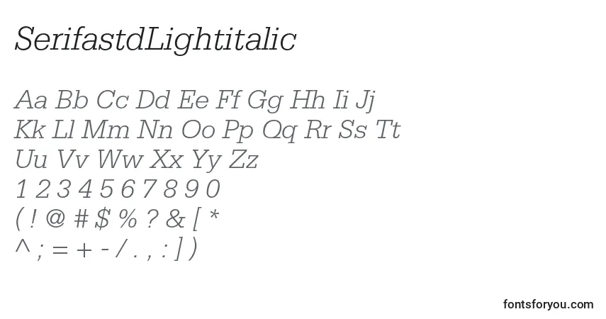 A fonte SerifastdLightitalic – alfabeto, números, caracteres especiais