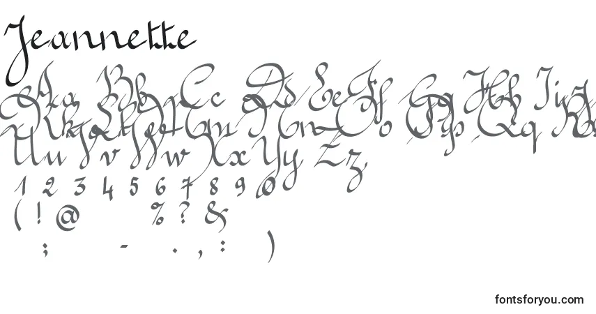 A fonte Jeannette – alfabeto, números, caracteres especiais