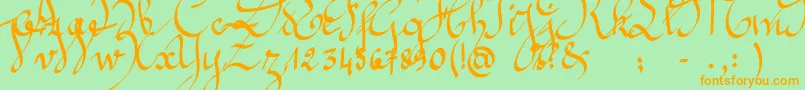 フォントJeannette – オレンジの文字が緑の背景にあります。