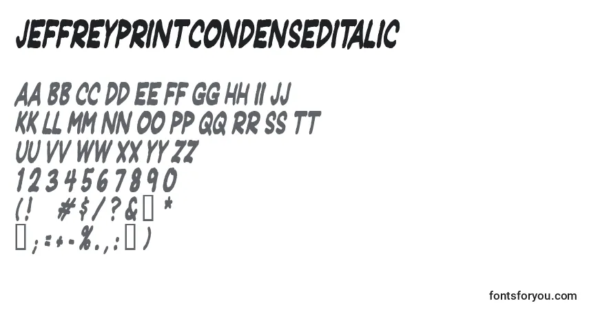 Шрифт Jeffreyprintcondenseditalic – алфавит, цифры, специальные символы