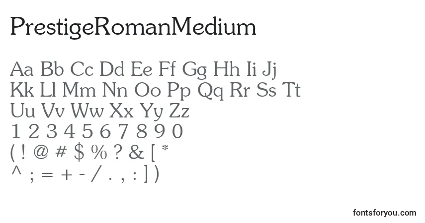 Schriftart PrestigeRomanMedium – Alphabet, Zahlen, spezielle Symbole