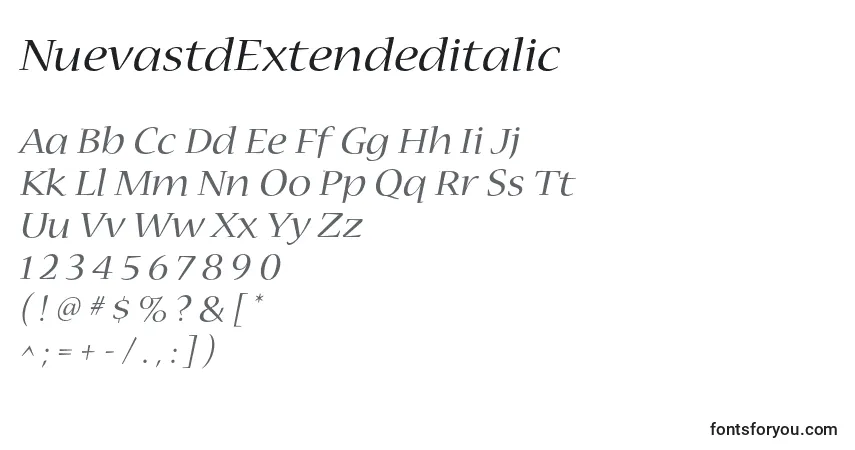 Czcionka NuevastdExtendeditalic – alfabet, cyfry, specjalne znaki