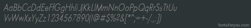 FuturaNarrowItalic-fontti – harmaat kirjasimet mustalla taustalla