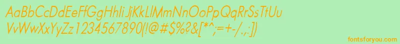 フォントFuturaNarrowItalic – オレンジの文字が緑の背景にあります。