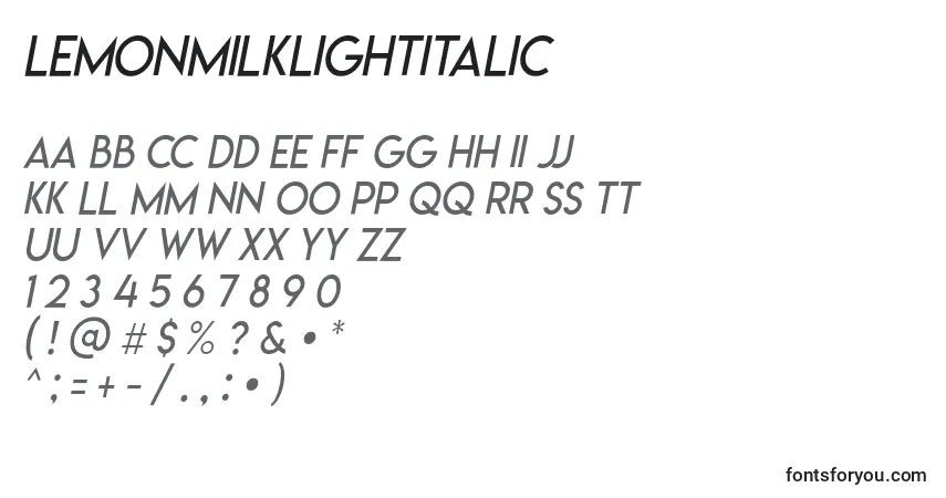 Шрифт Lemonmilklightitalic – алфавит, цифры, специальные символы