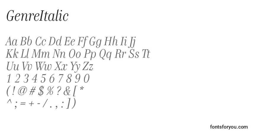 A fonte GenreItalic – alfabeto, números, caracteres especiais