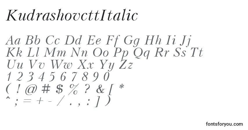 Schriftart KudrashovcttItalic – Alphabet, Zahlen, spezielle Symbole