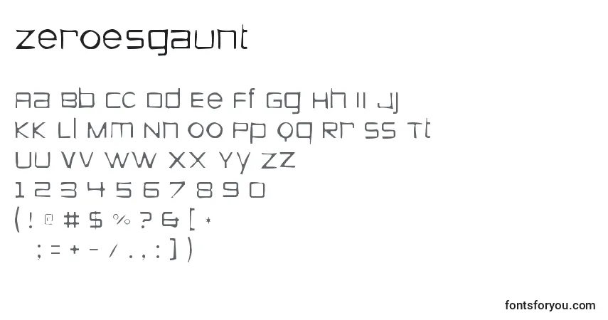 Czcionka Zeroesgaunt – alfabet, cyfry, specjalne znaki