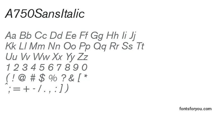 Schriftart A750SansItalic – Alphabet, Zahlen, spezielle Symbole