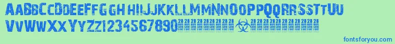 28DaysLater-Schriftart – Blaue Schriften auf grünem Hintergrund