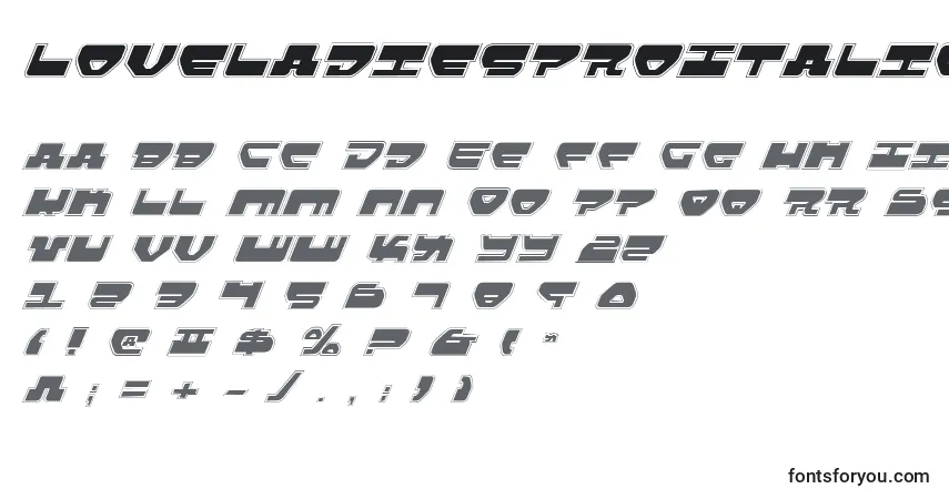 Шрифт LoveladiesProItalic – алфавит, цифры, специальные символы