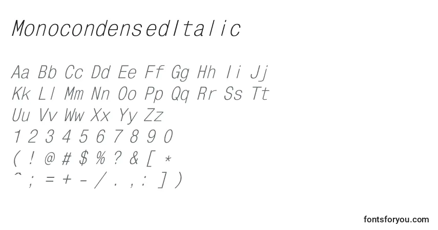 A fonte MonocondensedItalic – alfabeto, números, caracteres especiais