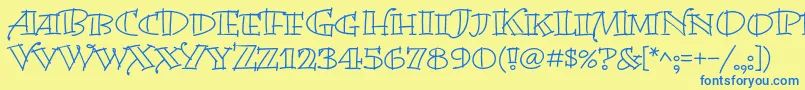 フォントBermudalpstdOpen – 青い文字が黄色の背景にあります。