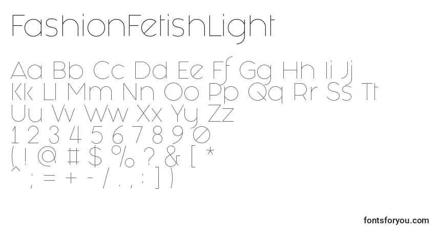 Schriftart FashionFetishLight – Alphabet, Zahlen, spezielle Symbole