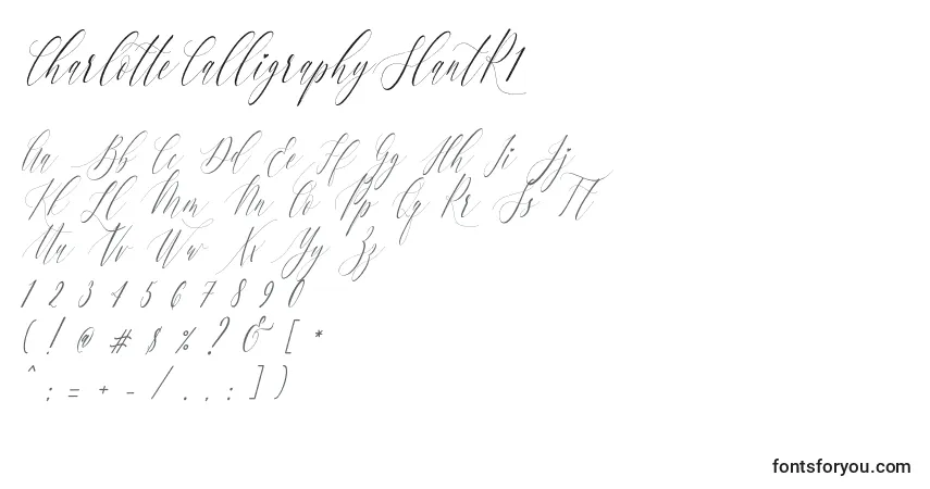 Czcionka CharlotteCalligraphySlantR1 – alfabet, cyfry, specjalne znaki