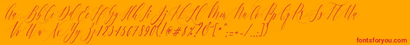 CharlotteCalligraphySlantR1-Schriftart – Rote Schriften auf orangefarbenem Hintergrund