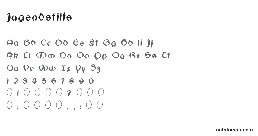 Czcionka Jugendstilfs – alfabet, cyfry, specjalne znaki