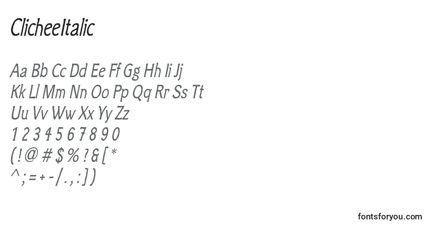Шрифт ClicheeItalic – алфавит, цифры, специальные символы
