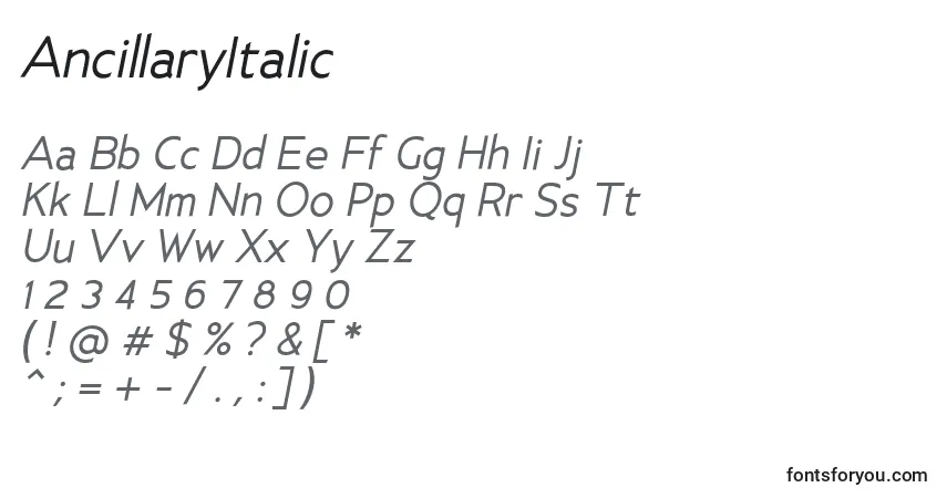 AncillaryItalic-fontti – aakkoset, numerot, erikoismerkit