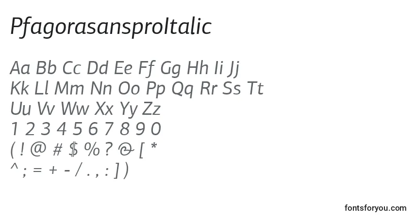 Шрифт PfagorasansproItalic – алфавит, цифры, специальные символы