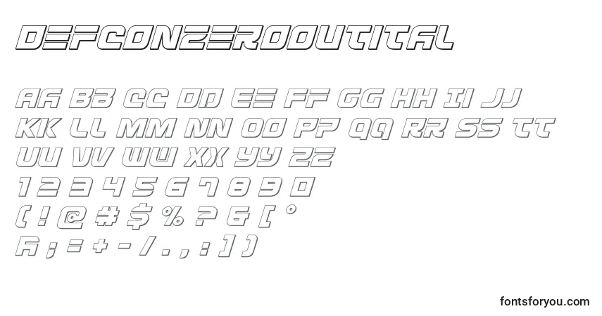 Schriftart Defconzerooutital – Alphabet, Zahlen, spezielle Symbole