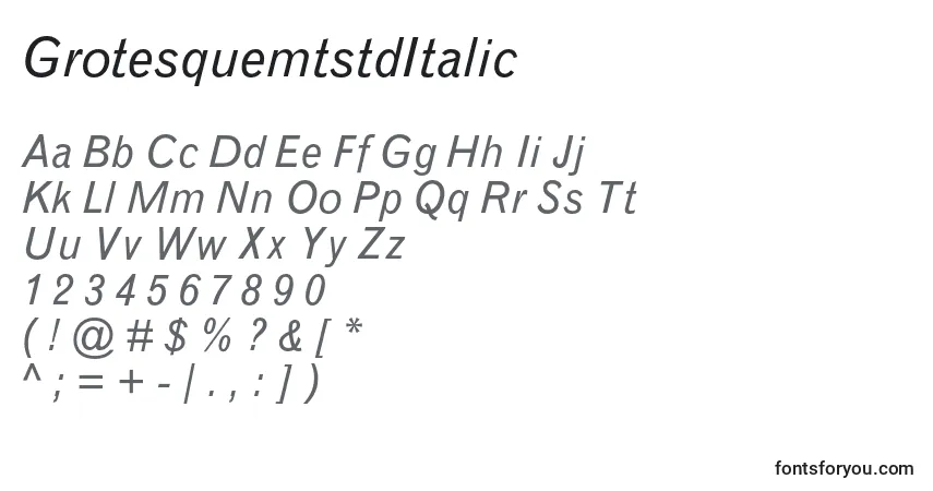 A fonte GrotesquemtstdItalic – alfabeto, números, caracteres especiais