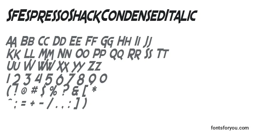 Czcionka SfEspressoShackCondensedItalic – alfabet, cyfry, specjalne znaki