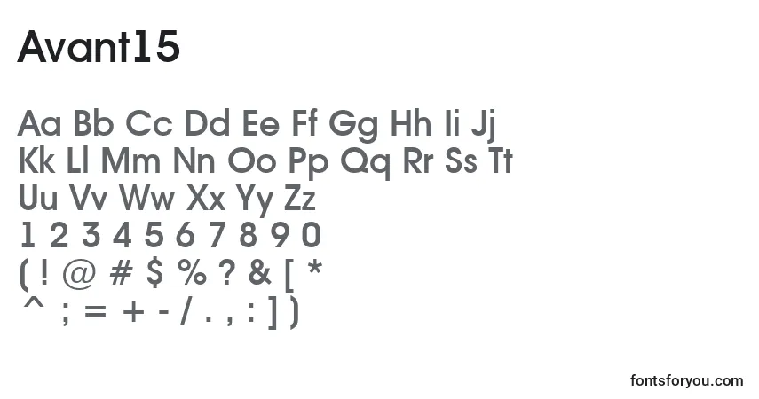 Czcionka Avant15 – alfabet, cyfry, specjalne znaki