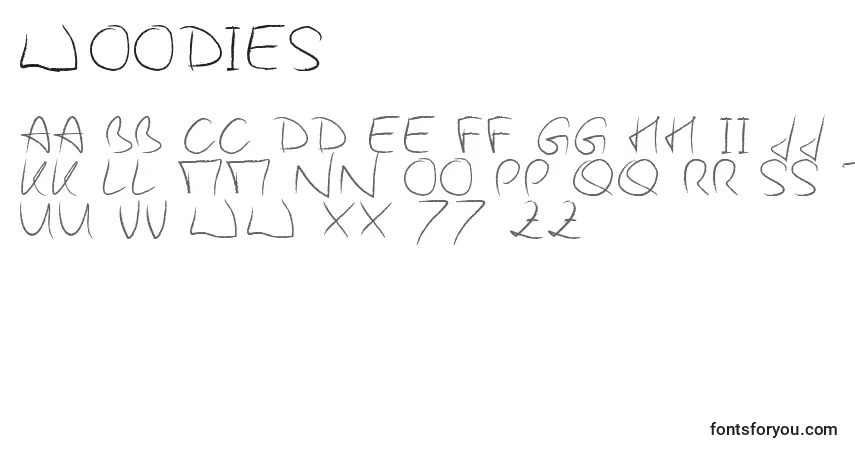 A fonte WoodieS – alfabeto, números, caracteres especiais