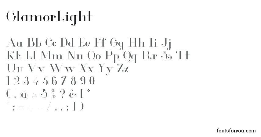 Schriftart GlamorLight (22936) – Alphabet, Zahlen, spezielle Symbole