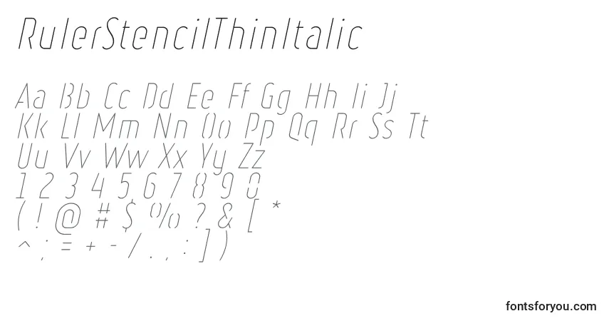 Schriftart RulerStencilThinItalic – Alphabet, Zahlen, spezielle Symbole