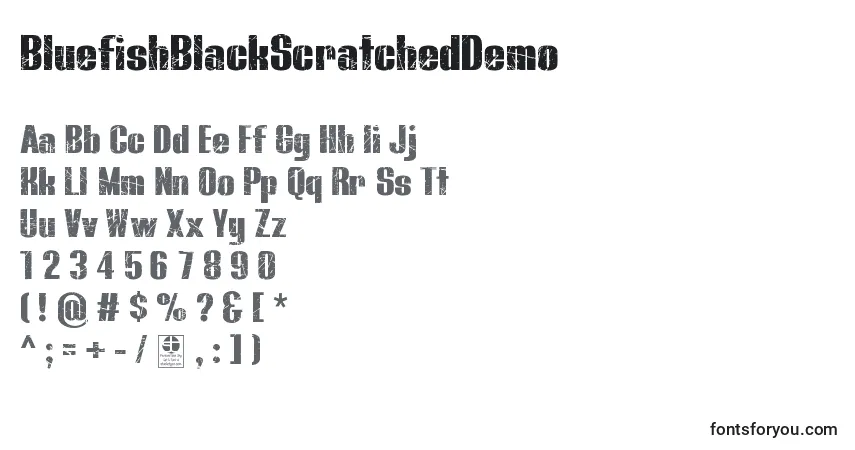 BluefishBlackScratchedDemo Font – alphabet, numbers, special characters