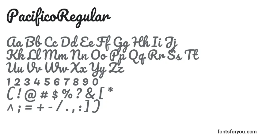 Schriftart PacificoRegular – Alphabet, Zahlen, spezielle Symbole