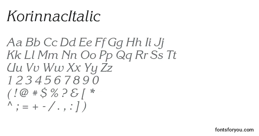 Schriftart KorinnacItalic – Alphabet, Zahlen, spezielle Symbole