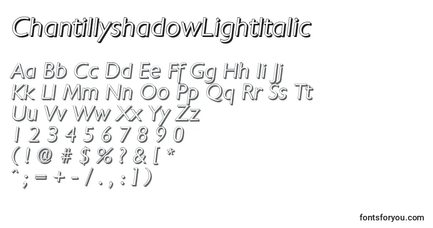 ChantillyshadowLightItalicフォント–アルファベット、数字、特殊文字