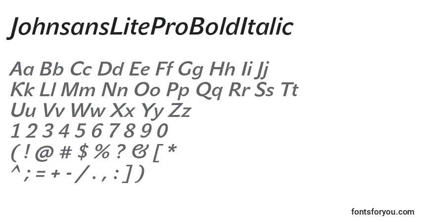 Czcionka JohnsansLiteProBoldItalic – alfabet, cyfry, specjalne znaki