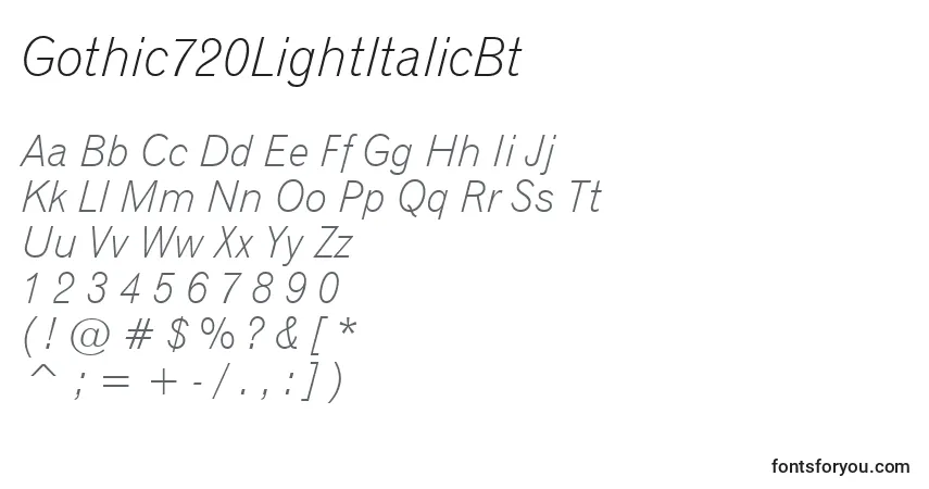 Шрифт Gothic720LightItalicBt – алфавит, цифры, специальные символы