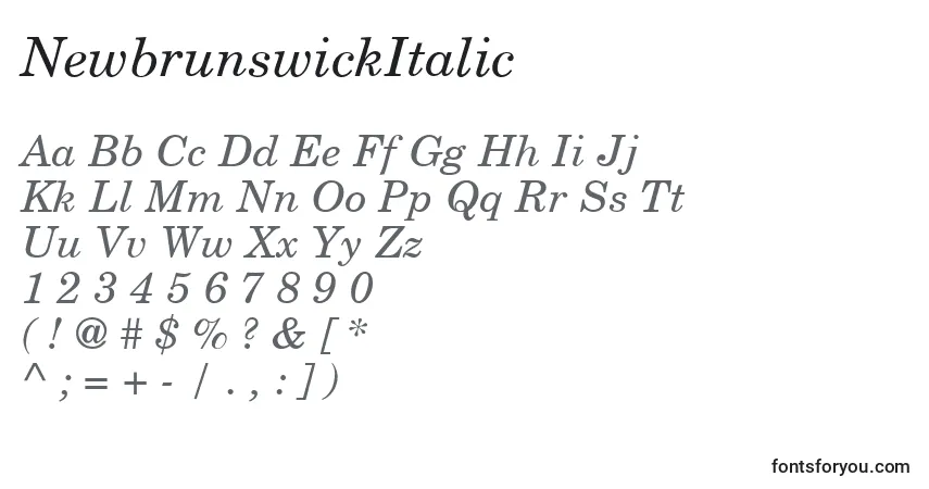 Шрифт NewbrunswickItalic – алфавит, цифры, специальные символы