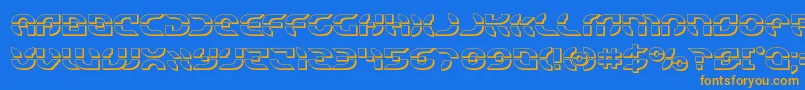 フォントStarfighter3D – オレンジ色の文字が青い背景にあります。