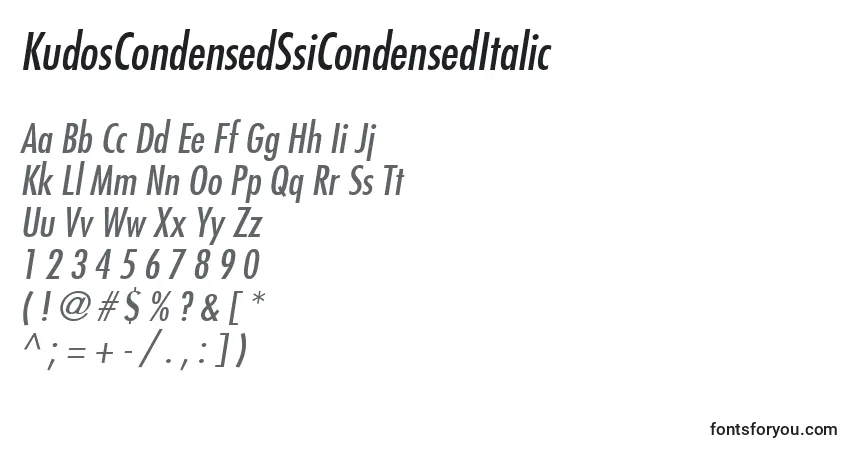 Schriftart KudosCondensedSsiCondensedItalic – Alphabet, Zahlen, spezielle Symbole