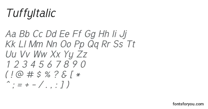 Schriftart TuffyItalic – Alphabet, Zahlen, spezielle Symbole