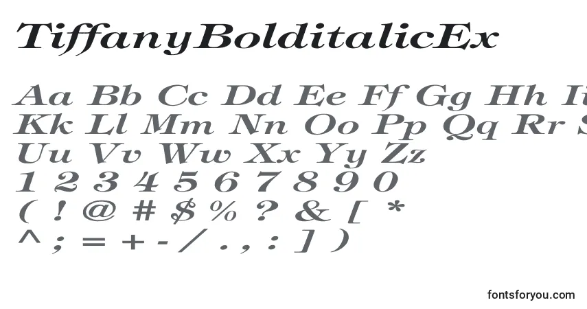 Czcionka TiffanyBolditalicEx – alfabet, cyfry, specjalne znaki